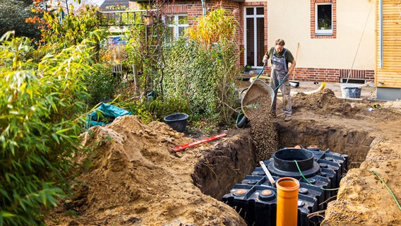 Ein Mann beim Einbau einer Zisterne in einem Garten © picture alliance/photothek Foto: Thomas Trutschel